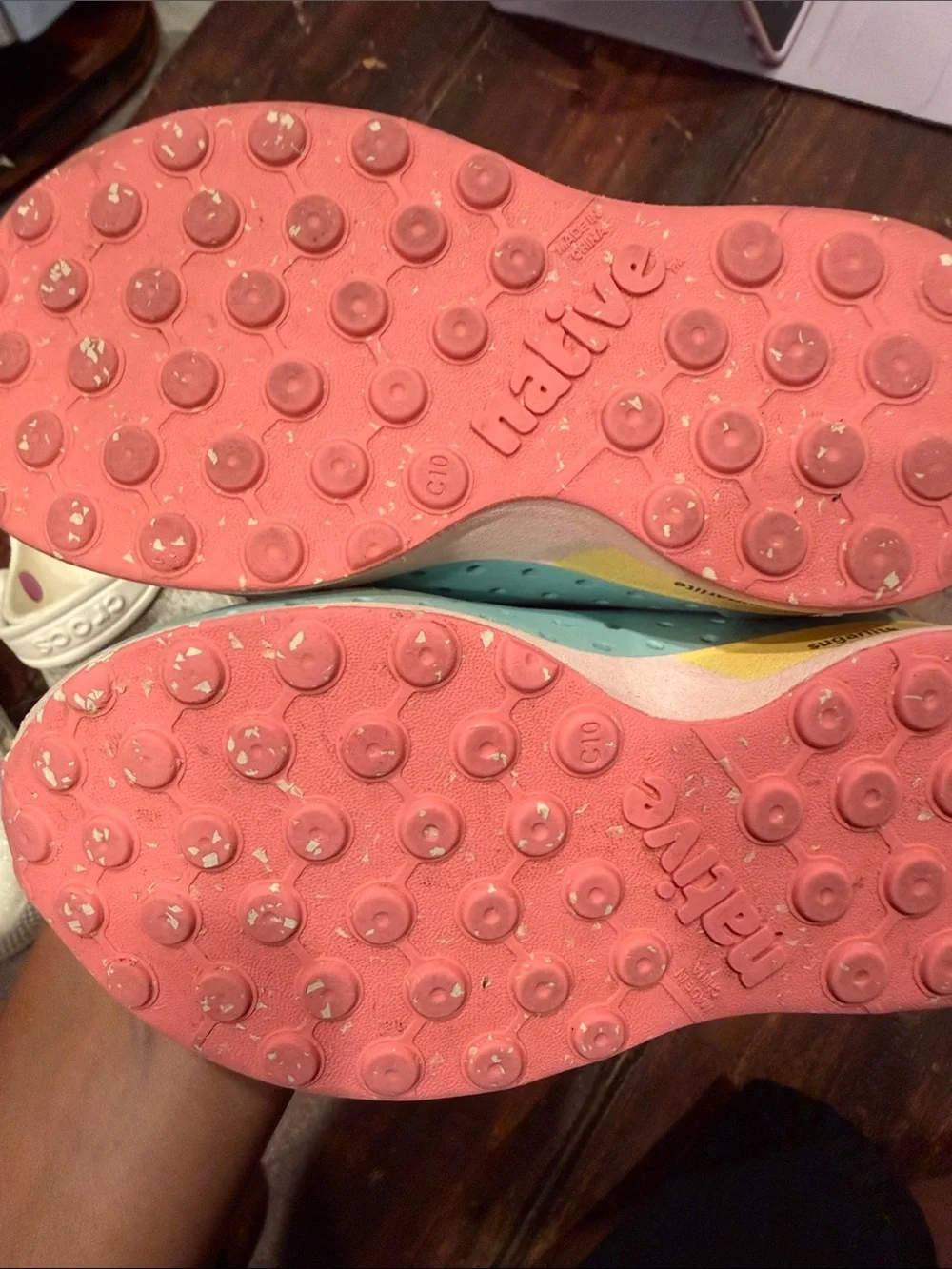 Native Kids Slip-On Shoes in Coral Pink and Mint/ Blue
